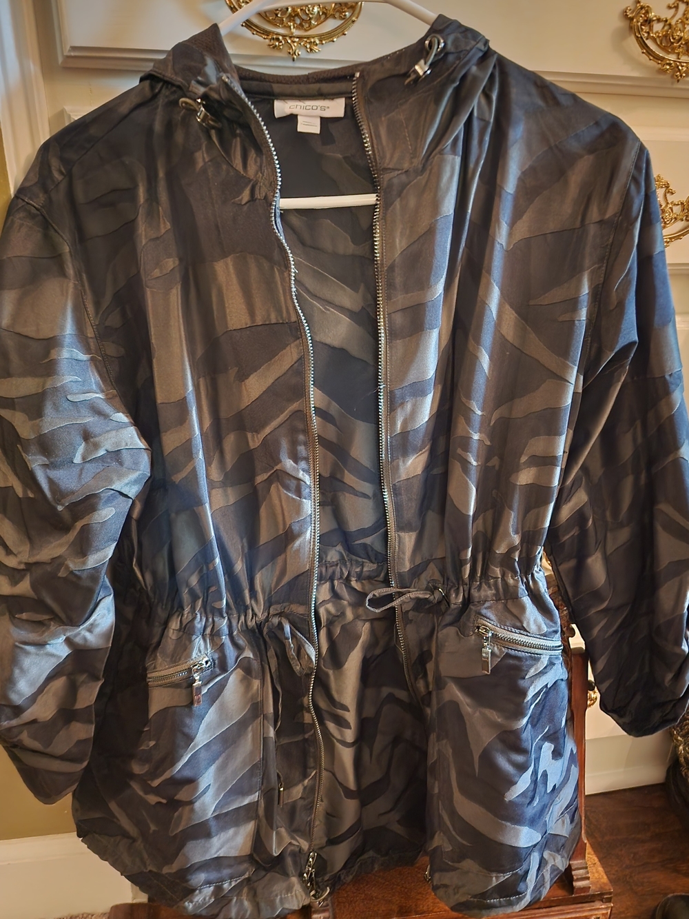 Chico's Gray Charcoal Camo Hooded Utility Jacket